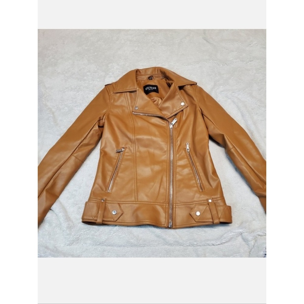 Guess Tan Faux Leather Motorcycle Moto Biker Preppy Coachella Punk Jacket‎ Small